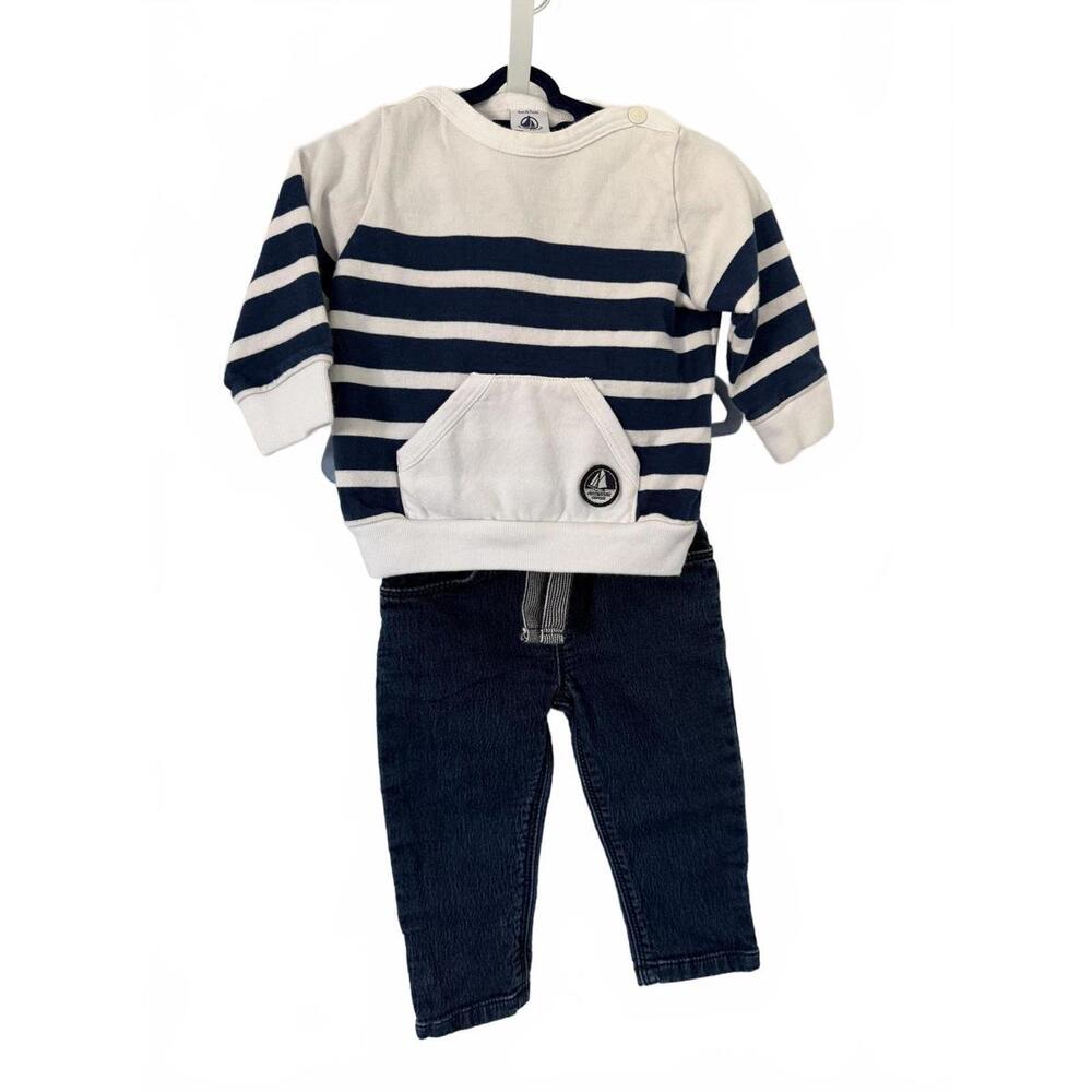 🇫🇷 PETIT BATEAU 6M Breton Stripe Set – Sweatshirt & Jeans